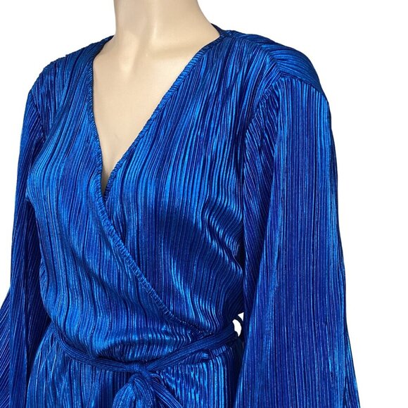 Bardot Belissa Pleat Dress Shine Blue Size Medium Wrap Balloon Sleeves - Picture 5 of 8